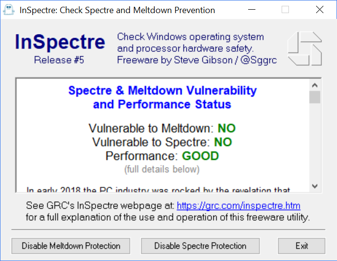 InSpectre Spectre Meltdown Prevention Check